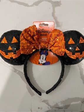 Halloween Minnie  Mouse sequin Jack-o-lantern Ears Disney new